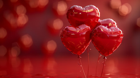Valentines day background with red heart shaped balloons on red bokeh backgroundの素材