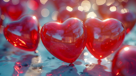 Valentine's day background with red hearts and bokehの素材