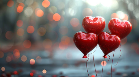 Red heart balloons on bokeh background. Valentines day conceptの素材