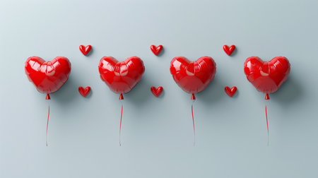 Red heart shaped balloons on white background. 3d render illustration.の素材