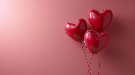 Red heart shaped balloons on a pink background. Valentines Day concept.の素材