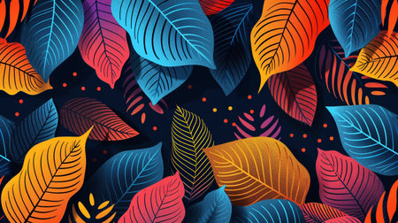 Seamless pattern with colorful tropical leaves on dark background. Vector illustration.の素材