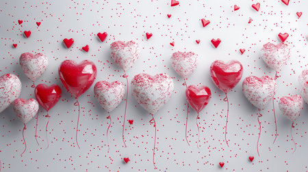 3d rendering of red heart balloons and confetti on white backgroundの素材