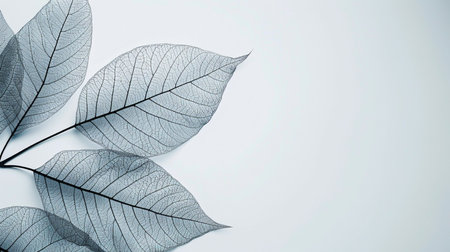 Grey leaves on white background with copy space. Minimal style.の素材