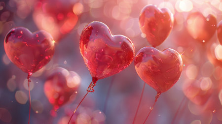 Valentines day background with red heart-shaped balloons on bokeh backgroundの素材