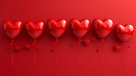 Red heart balloons on red background. Valentines day concept. 3D Renderingの素材