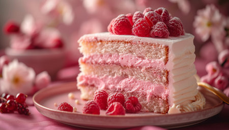 Cake with raspberries on a pink background. Selective focus.の素材