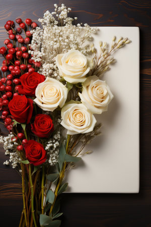 Bouquet of white roses and red berries on a wooden backgroundの素材