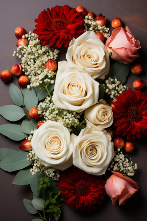 Bouquet of white roses and red gerberas on a brown backgroundの素材