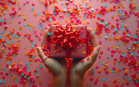 Female hands holding a gift box with a red bow and confetti on a pink backgroundの素材