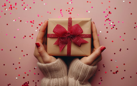Female hands hold a gift box on a pink background with confettiの素材