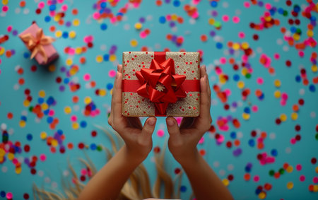 Female hands holding a gift box on a blue background with colorful confetti.の素材