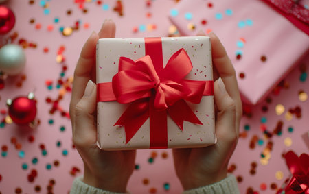 Female hands holding a gift box with a red bow on a pink backgroundの素材