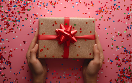 Gift box in female hands on a pink background with confettiの素材