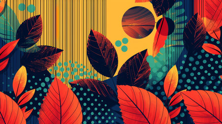 Seamless pattern with autumn leaves and geometric shapes. Vector illustration.の素材