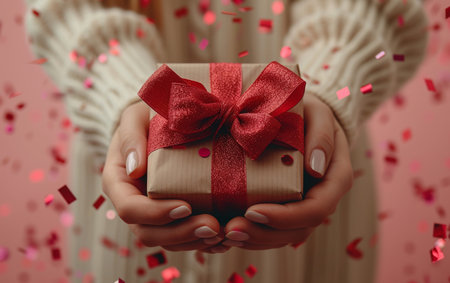 Female hands holding a gift box with a red bow and confetti on a pink backgroundの素材