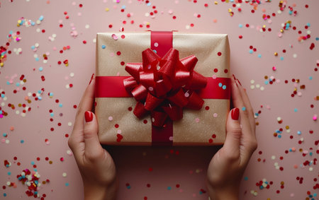 Female hands holding a gift box on a pink background with confettiの素材
