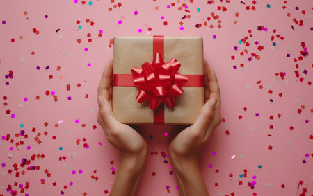 Female hands holding a gift box on a pink background with confettiの素材