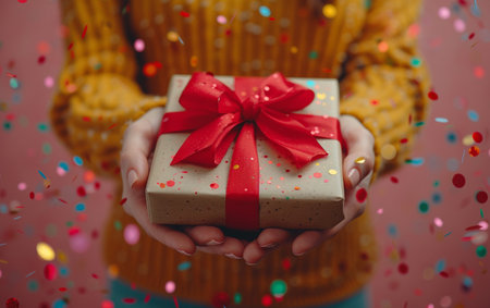 Female hands holding a gift box with a red bow and confettiの素材