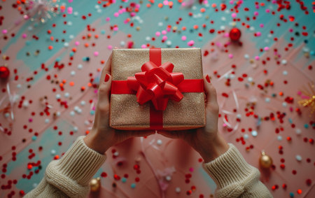 Female hands holding a gift box with a red bow on a colorful background.の素材