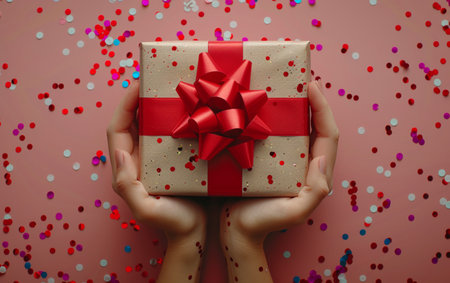 Female hands holding a gift box with a red ribbon on a pink background with confettiの素材
