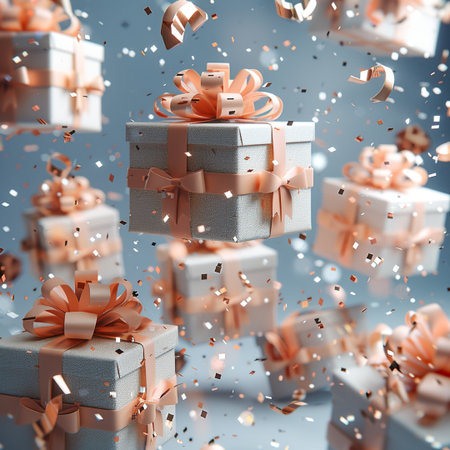 Gift boxes with ribbons and confetti. 3d renderingの素材