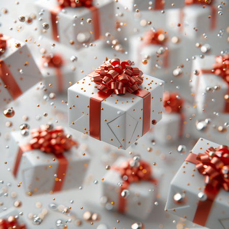 3d rendering of white gift boxes with red ribbons on white backgroundの素材