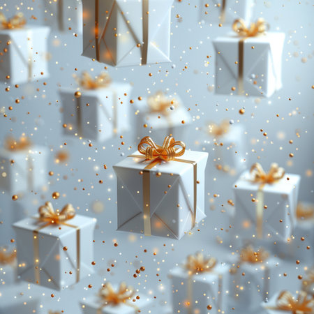 3d render of white gift boxes with golden bows on light backgroundの素材