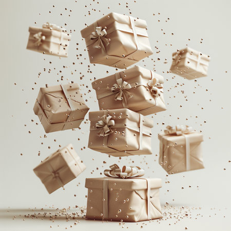 Flying gift boxes with ribbons and confetti. 3d renderingの素材