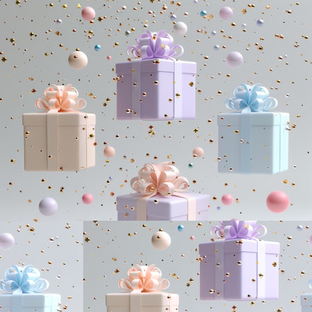 Set of gift boxes with ribbons and confetti. 3d renderingの素材