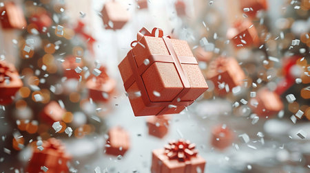 Gift box flying in the air with falling confetti. 3D renderingの素材
