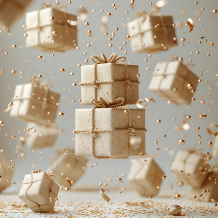 Gift boxes flying in the air with golden confetti. 3d renderingの素材