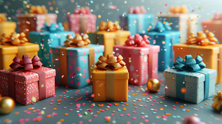 Gift boxes with ribbons and confetti. 3d renderingの素材