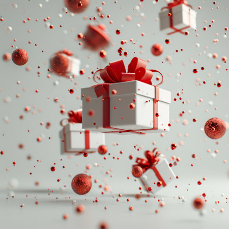 Flying white gift boxes with red ribbons and confetti. 3d renderingの素材
