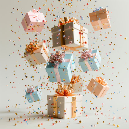 Gift boxes flying in the air with confetti on white backgroundの素材