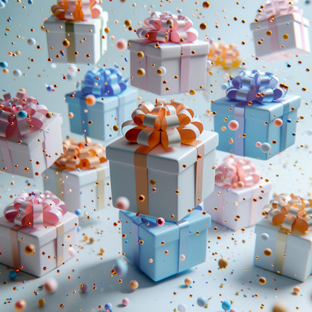 3d render of gift boxes with ribbons and confetti.の素材