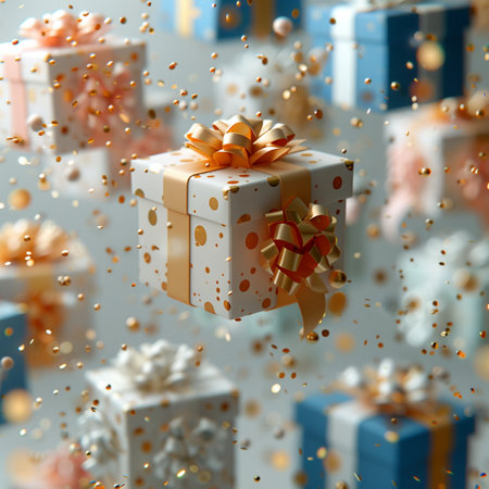 Christmas background with gift boxes and golden confetti. 3d renderingの素材