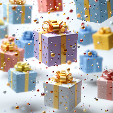 3d render of multicolored gift boxes with gold ribbonsの素材