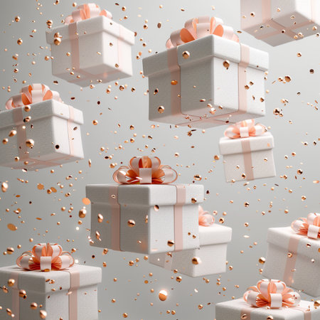 Flying gift boxes with ribbons and confetti. 3d renderingの素材