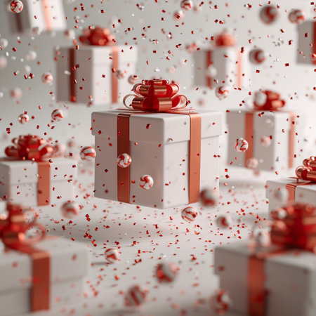 3d render of white gift boxes with red ribbons and confettiの素材