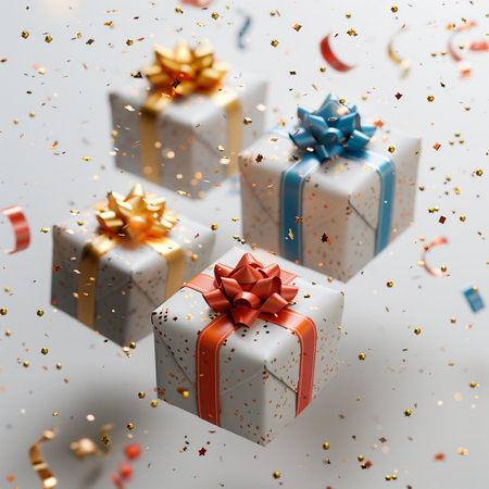 3d render of gift boxes with ribbons and confetti on white backgroundの素材