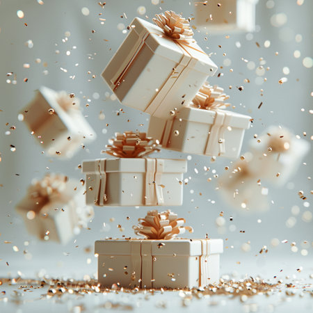 Flying gift boxes with ribbons and confetti on white background. 3d renderingの素材