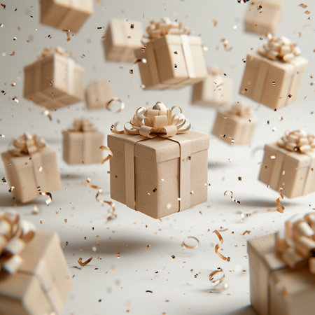 Gift boxes flying in the air with confetti. 3d renderingの素材
