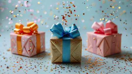 Gift boxes with ribbons and confetti on light blue backgroundの素材