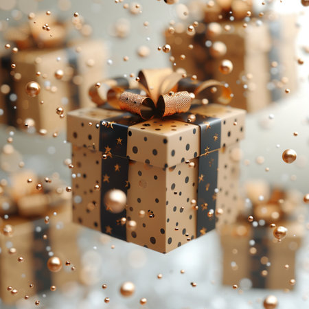 Gift box with gold bow on bokeh background. 3d renderingの素材