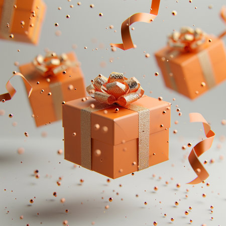 Flying orange gift boxes with gold ribbons and confetti. 3d renderingの素材