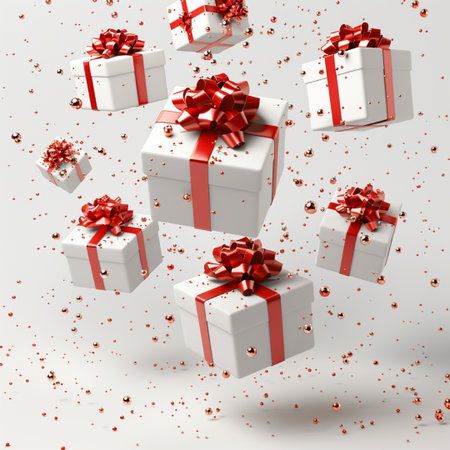 Flying white gift boxes with red ribbons on white background. 3D renderingの素材