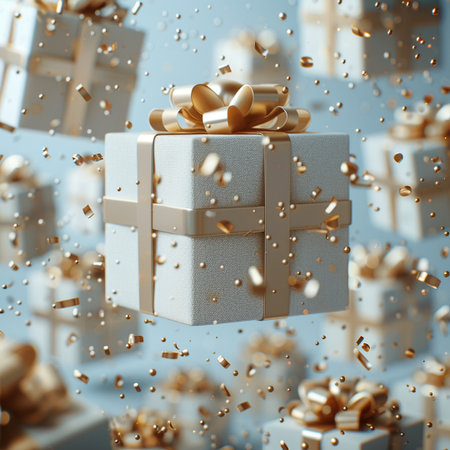 Gift boxes with golden ribbons and confetti. 3d renderingの素材