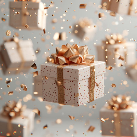 Gift box with golden bow and confetti flying in the airの素材