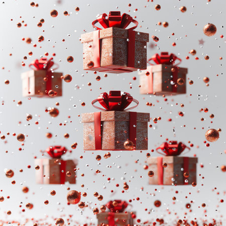 Flying gift boxes with red ribbons and confetti. 3d renderingの素材